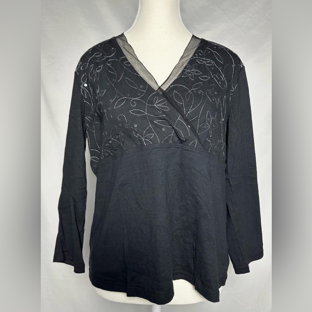 J. JILL 100 Cotton Black Floral‎ Embroidered Lace Trim Vneck Long Sleeve Size L